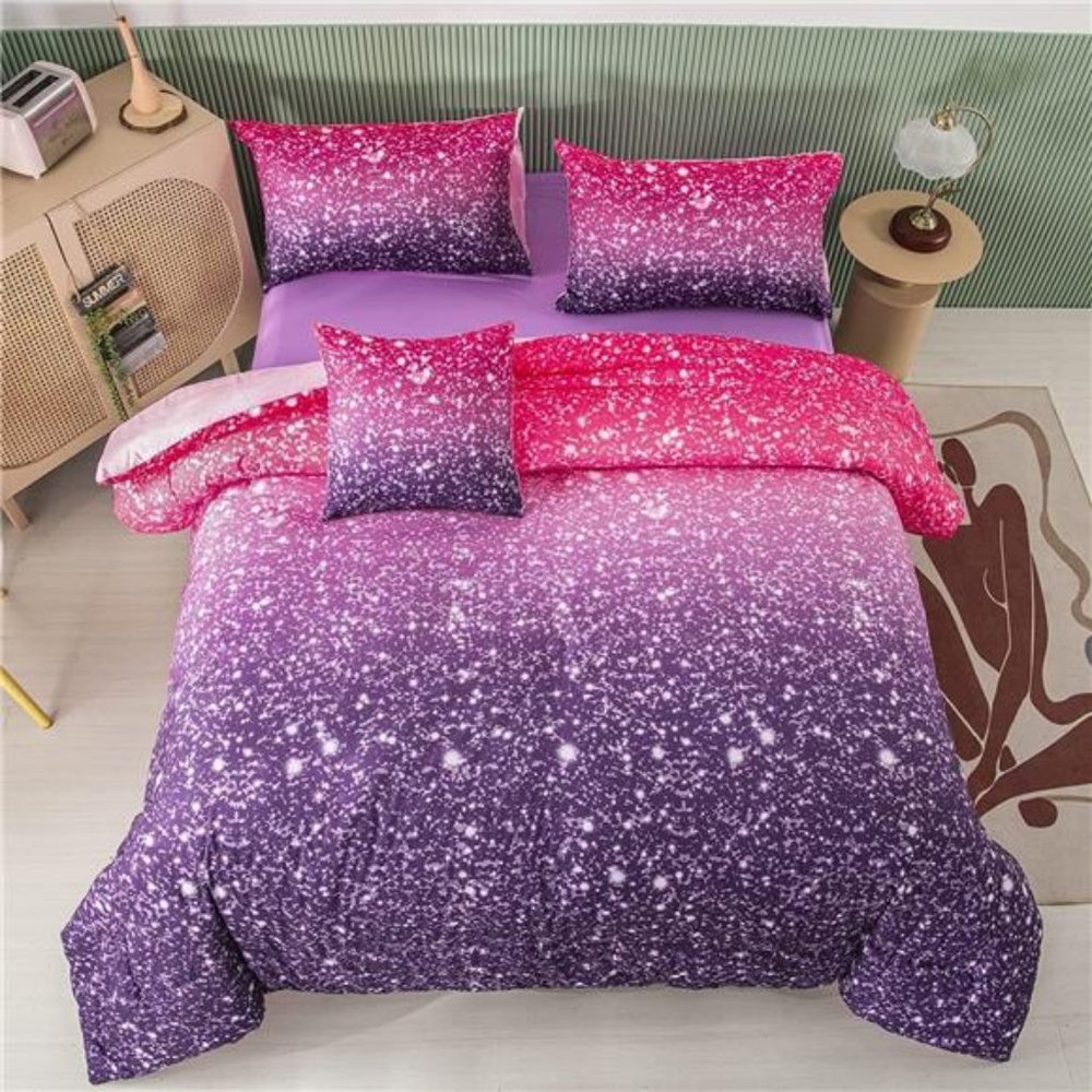 Purple Comforter Set Full Size -6Pcs Colorful Rainbow Girls Bedding Set -Sparkly